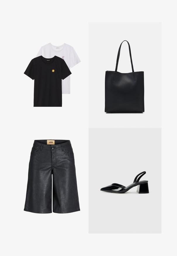 Črne in bele majice, okrogli vrat, kratki rokavi. Črna majica ima richelieu vezenje sonca v rumeni barvi; bela ima vijolični naglavni mesec.; Črne kratke hlače iz umetnega usnja s ravnim sprednjim delom, gumbnim zapiranjem in poševnimi žepi. Značilna je gladka tekstura in dolžina do kolen.; Črne lakirane slingback pete s koničastim nosom in geometrijsko blokasto peto. Imajo eleganten, minimalističen dizajn in gladko teksturo.; Črna usnjena torba s svilnato teksturo, pravokotne oblike in dvema dolgima ročajema. Brez vidnih metalnih delov ali okrasnih elementov.