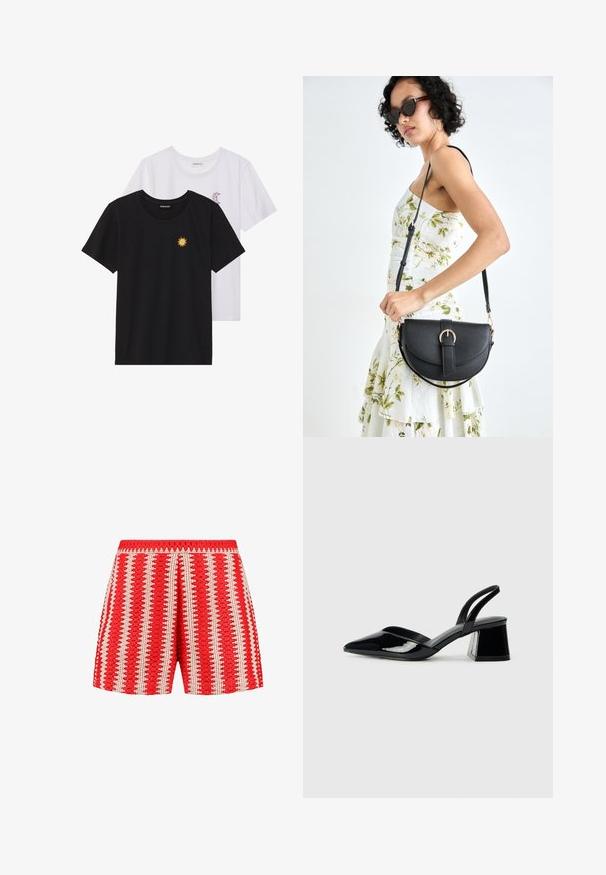 Mustvalged ja valged T-särgid, ümar kaelus, lühikesed varrukad. Must särgile on tikitud kollane päike; valgel särgil on lillakate poolkuu aktsent.; Punased lühikesed püksid, millel on tekstureeritud kanga valged vertikaalsed triibud ja laineline mustri. Elastsest kummist vöökoht ja vabalt langev disain.; Mustad musta lakknahk kingad, millel on terav varvas ja geomeetriline plokkkonts. Omab elegantselt minimalistlikku disaini ja sujuvat tekstuuri.; Mustmust mustraha kõverate joontega, eemaldatava rihmaga ja kuldsete detailidega. Kotil on klapp, millel on pandladetail.