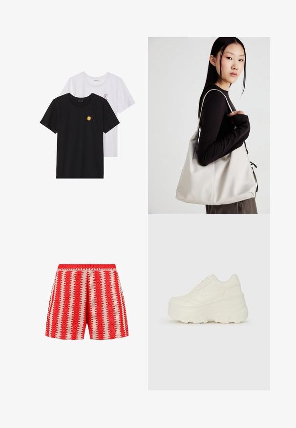 Čierne a biele tričká, okrúhly výstrih, krátke rukávy. Čierne tričko má žltú výšivku slnka; biele má fialový mesiac ako akcent.; Červené šortky s textúrovanou tkaninou, bielymi vertikálnymi pruhmi a vlnkovým vzorom. Elastický pás a voľný strih.; Biele platformové tenisky s hladkým koženkovým svrchným materiálom, zaobleným tvarom, polstrovaným golierom a textúrovanou gumovou podrážkou s výrazným vzorom.; Béžová kabelka vyrobená z mäkkého materiálu, s uvoľneným dizajnom, prišitými detailmi a dvoma popruhmi na nosenie na pleciach. Vhodná na každodenné nosenie.