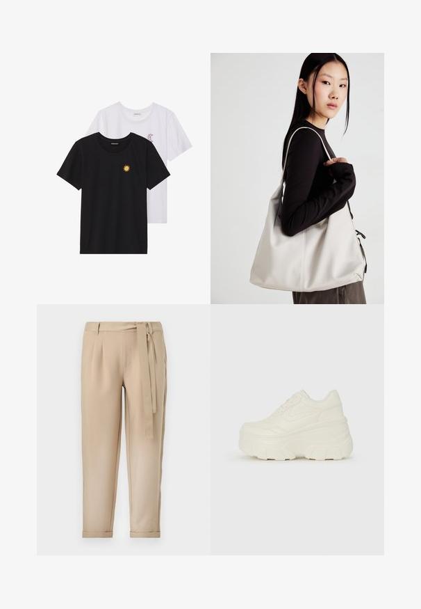 Mustvalged ja valged T-särgid, ümar kaelus, lühikesed varrukad. Must särgile on tikitud kollane päike; valgel särgil on lillakate poolkuu aktsent.; Beežid püksid, millel on liibuv vöökoht, voltimised ja sobiv vöö. Kitsenevad sääred, millel on mansetid, valmistatud siledast materjalist.; Valged platvormi tõusukingad, millel on siledast nahast meenutav pealis, ümar kuju, pehmendatud kaelus ja tekstureeritud kummitald koos selgete hüdrofoobsete mustritega.; Bež käekott pehme materjali, millel on lõtv disain, õmblustega detailid ja kaks õlarihma. Sobib igapäevaseks kasutamiseks.