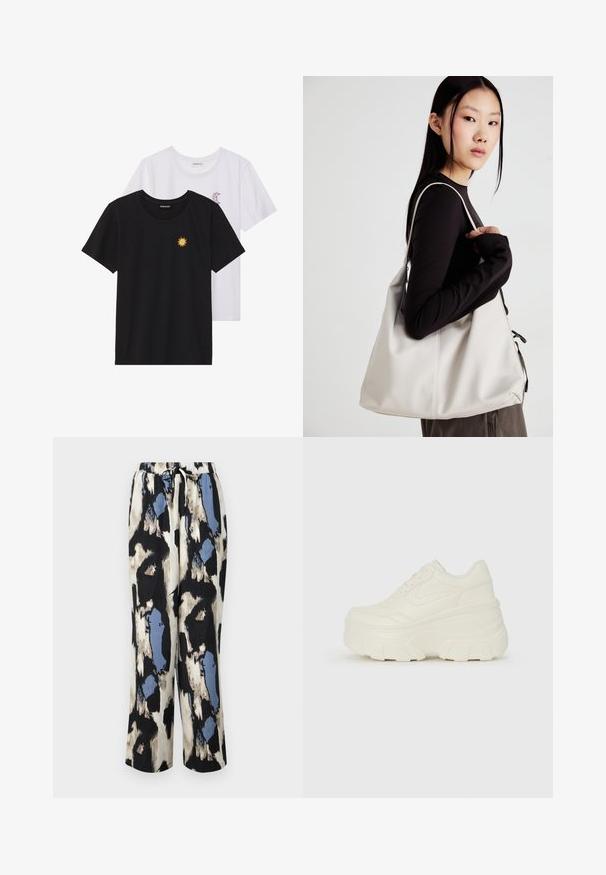 Melnbaltie t-krekli, ar apaļu kaklu, īsām piedurknēm. Melnais krekls ar dzeltenu saules izšuvumu; baltais ar purpursarkanu mēness akcentu.; Relaksētas piegriezuma drukātas bikses krēmkrāsā, melnās un zilās niansēs ar teksturētu, abstraktu rakstu. Iekļauts elastīgs josta ar saites auklu.; Baltie platformas sporta apavi, kas izgatavoti no gludas mākslīgās ādas, ar noapaļotu formu, mīkstu apkakli un teksturētu gumijas zoli ar izteiktiem rakstiem.; Bežs rokassoma, izgatavota no mīksta materiāla, ar brīvu dizainu, izšūtu apdari un divām plecu siksnām. Piemērota ikdienas lietošanai.