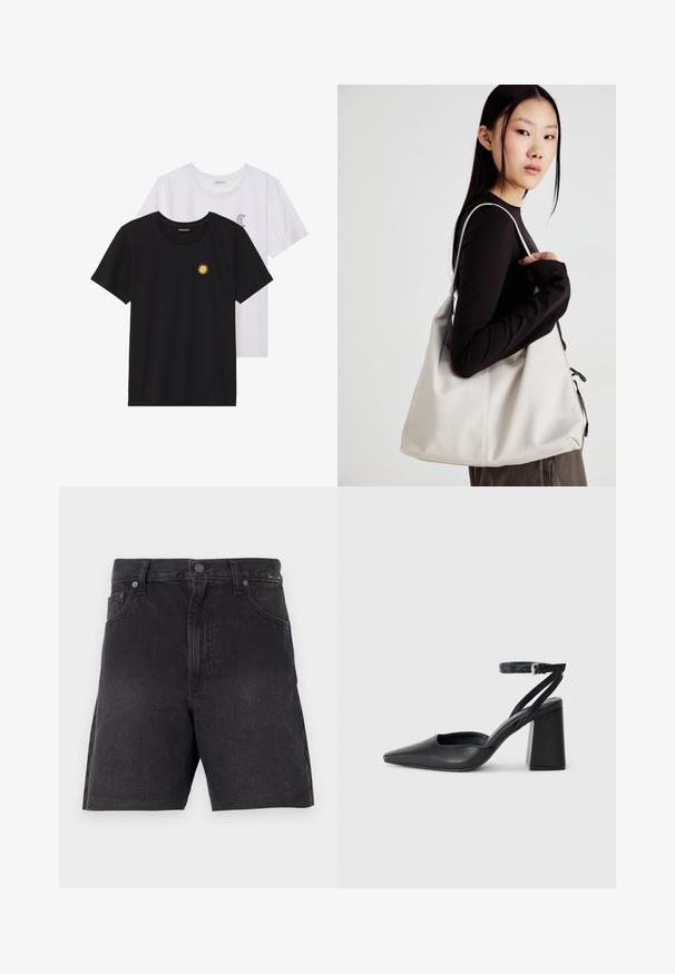Zwart-witte T-shirts, ronde hals, korte mouwen. Het zwarte shirt heeft gele zon-geborduurde details; het witte shirt heeft een purperen halve maan accent.; Zwarte denim shorts met een rechte snit, voorzien van een knoopsluiting, zijzakken en een gestructureerde stof. Minimalistisch ontwerp, zonder zichtbare patronen.; Zwarte leren puntige pump met een enkelbandje en een chunky hak. Vlakke textuur, strakke vormgeving en minimalistische esthetiek.; Beige handtas gemaakt van zacht materiaal, met een slonzig ontwerp, gestikte details en twee schouderbanden. Geschikt voor dagelijks gebruik.