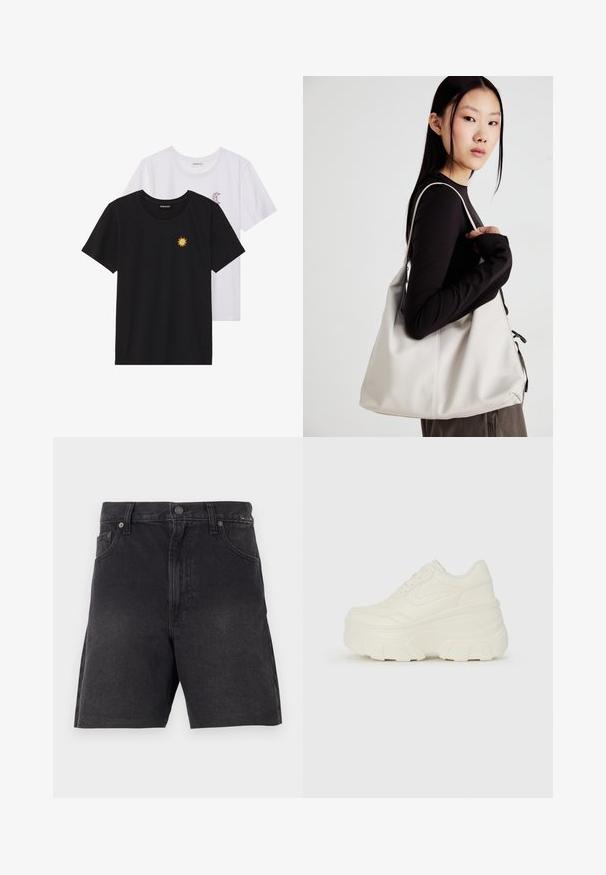 Svarte og hvite T-skjorter, rund hals, korte ermer. Den svarte T-skjorten har gul brodering av en sol; den hvite har lilla halvmåne-detaljer.; Sorte denimshorts med rett snitt, med knappelukking, frontlommer og teksturert stoff. Minimalistisk design uten synlige mønstre.; Hvite plattformsnickers med en glatt læraktig overdel, avrundet form, polstret krage og teksturert gummisåle med tydelige dekk.; Beige håndveske laget av mykt materiale, med en slapp design, sydd detaljer og to skulderstropper. Passer for daglig bruk.