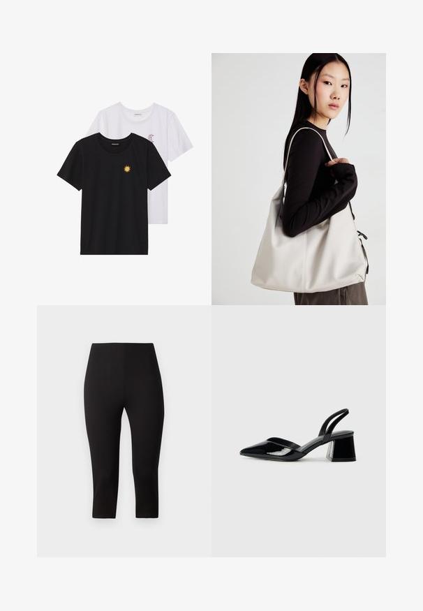 Juodi ir balti marškinėliai, apvaliu kaklu, trumpomis rankovėmis. Juodi marškiniai su geltonu saulės siuvinėjimu; baltieji turi purpurinę pusmėnulio akcentą.; Aukšto liemens juodos legging'os, sutrumpinta ilgis, pagamintos iš elastingos medžiagos, glotnia tekstūra, be matomų raštų ar detalės.; Juodos lakuotos odinės šlepetės su smailiu pirštu ir geometriniu bloko kulnu. Turi elegantišką, minimalistinį dizainą ir lygų paviršių.; Bežinė rankinė, pagaminta iš minkštos medžiagos, turinti laisvą dizainą, siuvinėtas detalės ir dvi petnešos. Tinkama kasdieniam naudojimui.