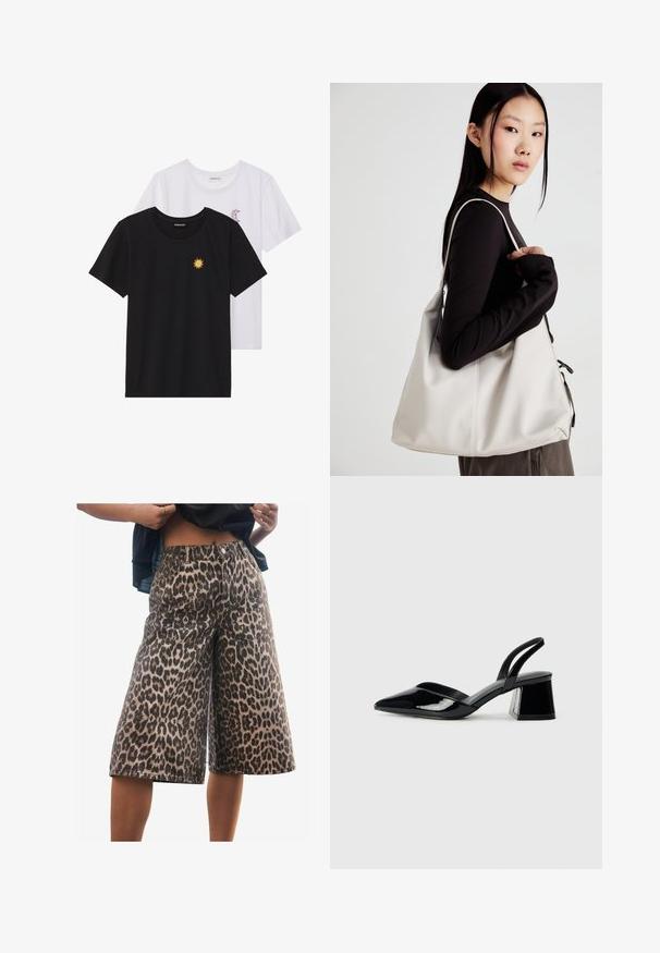 Mustvalged ja valged T-särgid, ümar kaelus, lühikesed varrukad. Must särgile on tikitud kollane päike; valgel särgil on lillakate poolkuu aktsent.; Leopardimustriga denim lühikesed püksid, millel on lõtv istuvus, keskmise kõrgusega vöökoht, struktureeritud õmblused ja laia jalaga disain. Kangas on pehme tekstuuriga.; Mustad musta lakknahk kingad, millel on terav varvas ja geomeetriline plokkkonts. Omab elegantselt minimalistlikku disaini ja sujuvat tekstuuri.; Bež käekott pehme materjali, millel on lõtv disain, õmblustega detailid ja kaks õlarihma. Sobib igapäevaseks kasutamiseks.