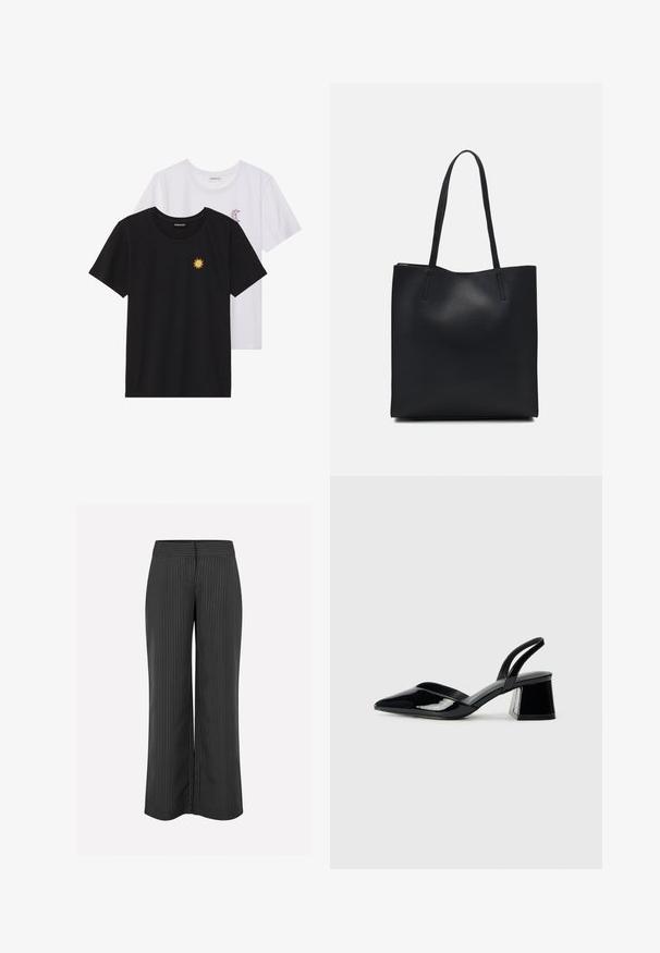 T-shirts preto e branco, de decote redondo e mangas curtas. A camisa preta apresenta um bordado de sol amarelo; a branca tem um detalhe de lua crescente roxa.; Calças largas pretas com riscas brancas, apresentando uma cintura suave e um corte descontraído para conforto, feitas de tecido leve.; Sandy em verniz preto com salto slingback, ponta afilada e salto geométrico. Apresenta um design elegante e minimalista com textura suave.; Bolsa tote preta em couro com textura lisa, forma retangular e duas alças longas. Sem hardware ou enfeites visíveis.