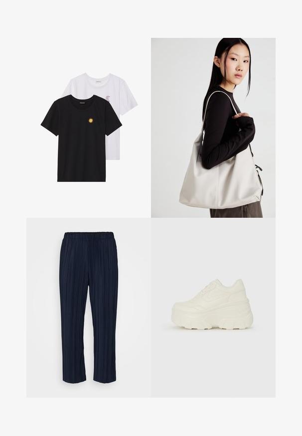 Schwarz-weiße T-Shirts, Rundhals, kurze Ärmel. Das schwarze Shirt hat eine gelbe Sonnenstickerei; das weiße eine lila Halbmond-Akzent.; Marineblaue, gefaltete Hose mit elastischem Bund, die vertikale Streifen hat und eine entspannte Passform bietet. Sie endet knapp über dem Knöchel.; Weiße Platform Sneakers mit einem glatten, lederähnlichen Obermaterial, abgerundeter Form, gepolstertem Kragen und strukturierten Gummisohlen mit ausgeprägten Stollen.; Beige Handtasche aus weichem Material, mit einem lässigen Design, gesteppten Details und zwei Schulterriemen. Geeignet für den täglichen Gebrauch.
