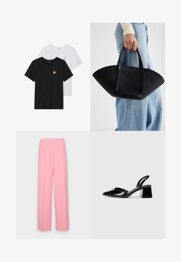 Melnbaltie t-krekli, ar apaļu kaklu, īsām piedurknēm. Melnais krekls ar dzeltenu saules izšuvumu; baltais ar purpursarkanu mēness akcentu.; Rozā platās bikses, izgatavotas no gludas auduma, ar augsto jostasvietu, krokām priekšpusē un bez redzamām kabatām vai rotājumiem.; Melna lakota āda ar atvērto papēdi, ar smailu purngalu un ģeometrisku blokpapēdi. Iezīmējas elegants, minimāls dizains un gluda tekstūra.; Melnas ādas rokassoma ar unikālu ventilatora formu, aprīkota ar plakaniem rokturiem. Virsma ir ar graudainu faktūru un minimālistisku dizainu.