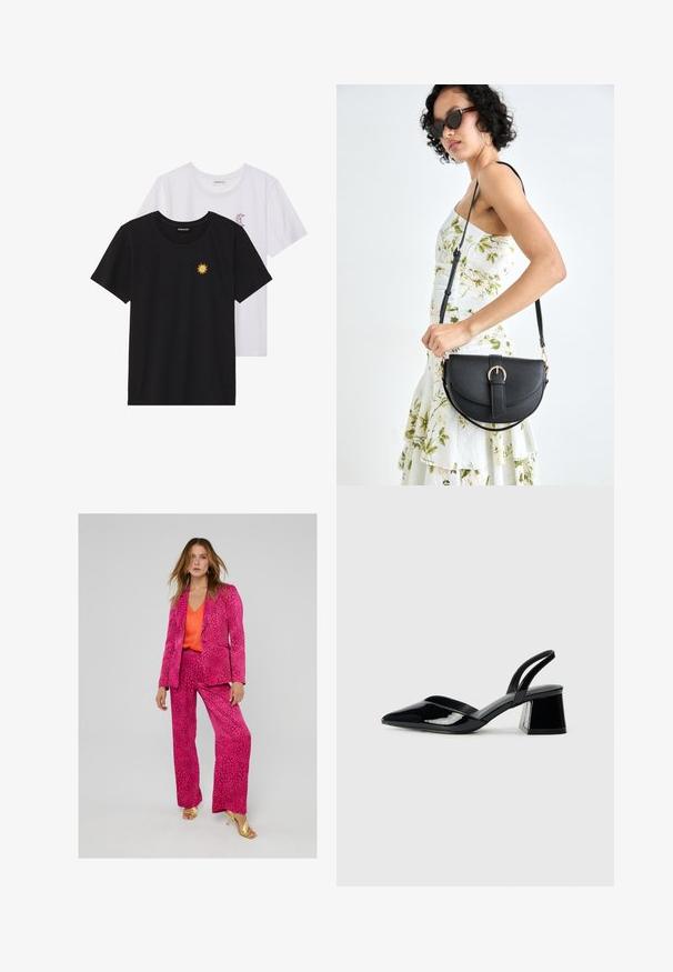 Crne i bijele majice, okrugli izrez, kratki rukavi. Crna majica ima žuti vez suncem; bijela majica ima ljubičasti naglasak u obliku polumjeseca.; Ružasti odijelo s printom leoparda, koje se sastoji od prilagođenog sakoa i širokih hlača, u kombinaciji s narančastim topom s v-izrezom i zlatnim sandalama na visoku petu.; Crne lakirane kožne sandale s otvorenom petom i špicastim vrhom, s geometrijskom blok petom. Imaju elegantan, minimalistički dizajn i glatku teksturu.; Crna kožna torba s lukovitim oblikom, odvojivim remenom i zlatnim detaljima. Torba ima preklop s kopčom.