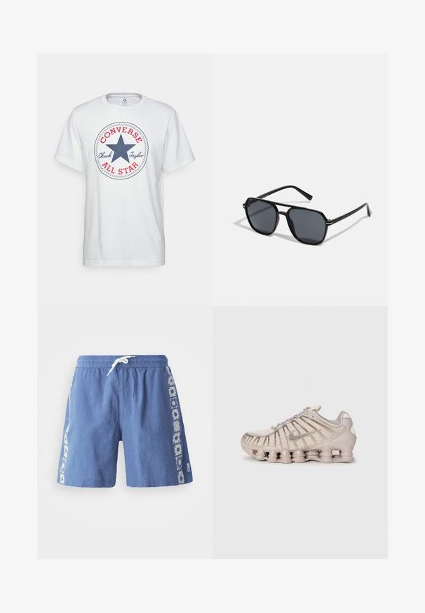 Biela bavlnená tričko s okrúhlym grafickým motívom obsahujúcim modrú hviezdu, červený nápis "CONVERSE" a text "Chuck Taylor ALL STAR". Krátke rukávy, voľný strih.; Modré plavky vyrobené z ľahkej tkaniny, s nastaviteľným pásom na šnúrku a kvetinovými vzormi na bokoch.; Svetlo béžová športová obuv s textilným zvrškom, štruktúrovaným dizajnom a charakteristickou vystuženou podrážkou s cylindrickými časťami.; Čierne slnečné okuliare s osemuholníkovým rámom, tmavými sklami, lesklým povrchom, tenkými rámčekmi a zlatými akcentmi na prednej strane.
