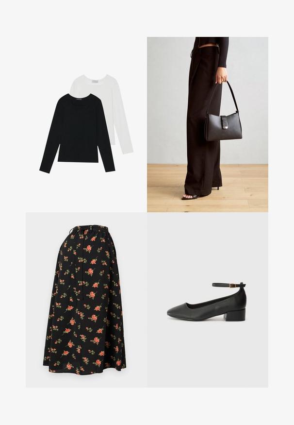 Két hosszú ujjú felső, az egyik fekete, a másik fehér, mindkettő négyzet alakú nyakkivágással rendelkezik, és puha, rugalmas anyagból készült.; Fekete virágmintás szoknya, állítható derekú zsinórral, piros és zöld virágokkal díszítve és könnyed, légies anyagú.; Fekete bőr magassarkú cipő hegyes orral és alacsony tömb sarkal. Bokapánttal rendelkezik, aranyszínű csattal. Simább textúra.; Fekete kézi táska strukturált formával, sima textúrával és fémből készült záródással. Széles fekete nadrággal és nyitott orrú szandállal párosítva, fából készült padlón.