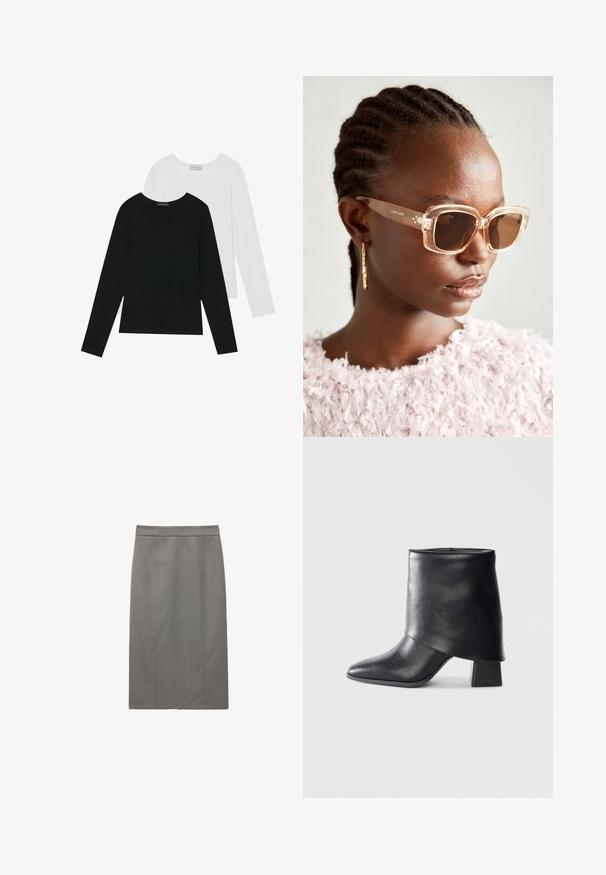 To lange skjorter med lange ærmer, en sort og en hvid, begge med firkantet halsudskæring og lavet af blødt, strækbart stof.; Grå blyantnederdel med en lige silhuet, tilpassede sømme og en glat tekstur. Designet inkluderer en høj talje for en sikker pasform.; Sort læder ankelstøvle med spids tå, glat tekstur og en struktureret blokhæl. Har et højt, foldet kravedesign.; Beige oversized solbriller med en klar ramme og brune tonede linser, med subtile blomstermotiver og et dristigt, geometrisk design.; Vevet brun håndtaske med rektangulær form, struktureret håndtag og tekstureret overflade. Har en lukket top og et indviklet vævemønster.