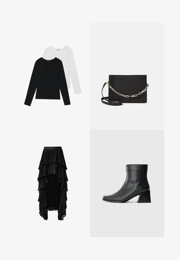 Deux tops à manches longues, un noir et un blanc, tous deux avec un décolleté carré et fabriqués en tissu doux et extensible.; Jupe maxi noire à volants et à plusieurs niveaux, fabriquée en tissu léger, avec une large taille et un ourlet asymétrique.; Bottine en cuir noir avec un bout carré, fermeture éclair sur le côté et talon bloc sur fond clair uni.; Sac bandoulière en cuir noir avec une texture lisse, de forme rectangulaire et un détail en chaîne métallique à l'avant. Sangle réglable incluse.