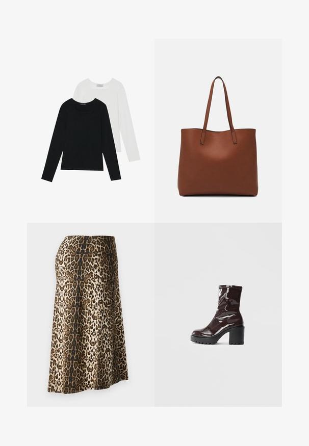 Két hosszú ujjú felső, az egyik fekete, a másik fehér, mindkettő négyzet alakú nyakkivágással rendelkezik, és puha, rugalmas anyagból készült.; Leopárdmintás szoknya, puha, sima tapintással; színek: bézs, fekete és barna; bokáig érő, testhez simuló derékkal.; Fényes bordó bokacsizma vastag fekete sarokkal, sima felülettel és egyszerű dizájnnal. Nincsenek látható zárak vagy minták.; Barna bőr vászontáska sima textúrával, nyitott tetejű dizájnnal és két vállpánttal. Minimális varrással és látható hardver nélkül készült.