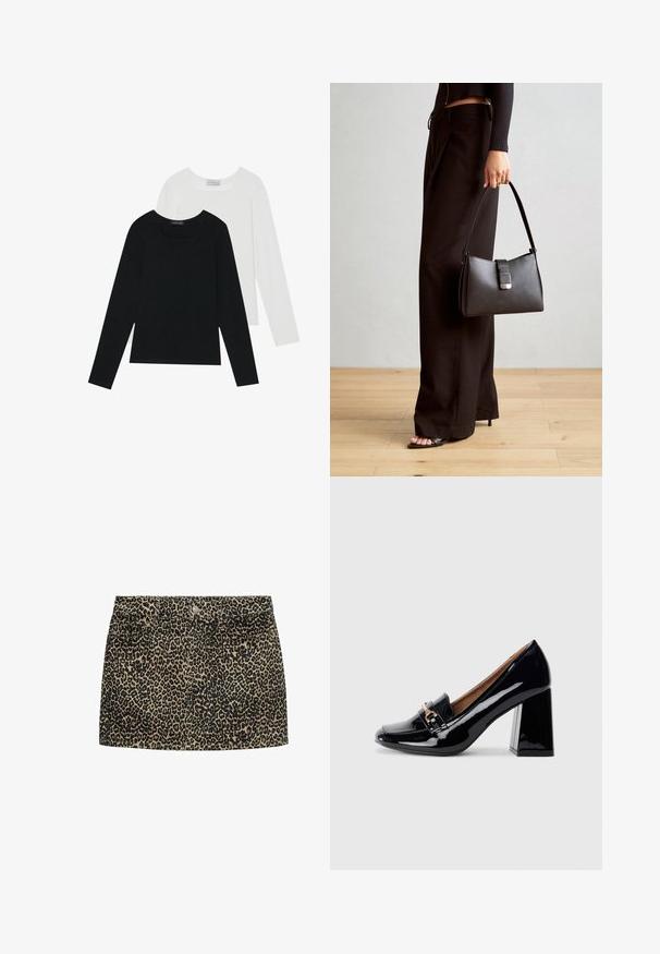 Două bluze cu mânecă lungă, una neagră și una albă, ambele având un guler pătrat și fiind confecționate dintr-un material moale și elastic.; Fustă mini din denim cu imprimeu leopard, cu talie ajustată, închidere frontală cu nasturi și două buzunare laterale, având o scheme de culori bej și negru.; Pantofii cu toc înalt din piele lăcuită neagră, cu vârf ascuțit și toc pătrat. Prezentând o curea decorativă și detaliu cu cataramă pe vârf.; Genți negre cu o formă structurată, textură netedă și un închizător metalic. Asortată cu pantaloni negri largi și sandale cu vârf deschis pe un podea din lemn.