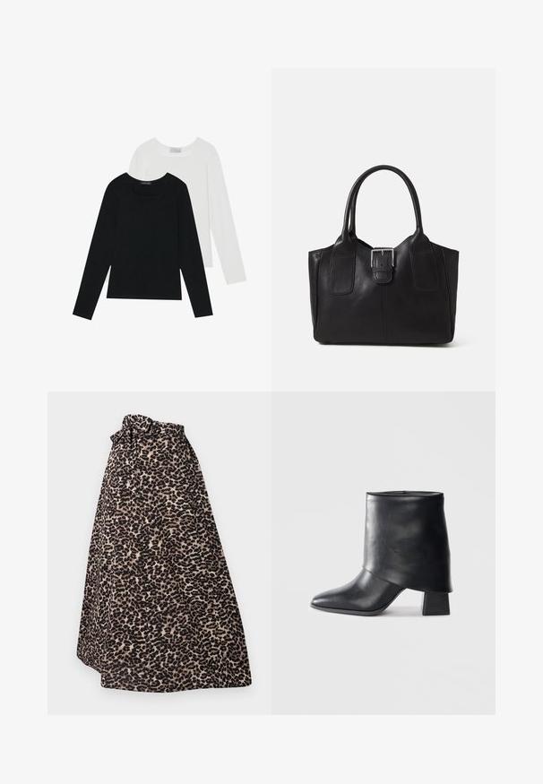 Two long-sleeve tops, one black and one white, both featuring a square neckline and made from soft, stretchy fabric.; Leopard-print maxi skirt in brown and black, made of soft fabric, featuring a tied waistband and pleated design for a flowing silhouette.; Black leather ankle boot with a pointed toe, smooth texture, and a structured block heel. Features a high, folded cuff design.; Black leather tote bag with smooth texture, structured shape, two handles, and a prominent silver buckle detail on the front.