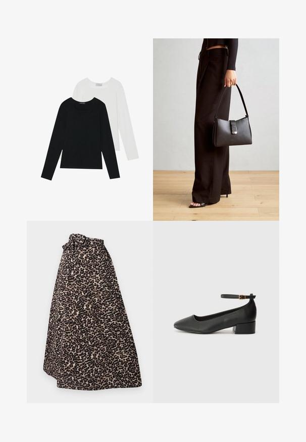 Dvoje dlhých rukávov, jedny čierne a jedny biele, s hranatým výstrihom a vyrobené z mäkkého, elastického materiálu.; Maxi sukňa s leopardím vzorom v hnedej a čiernej farbe, vyrobená z jemného materiálu, s viazaným pásom a plisovaným dizajnom pre prúdiaci siluetu.; Čierne kožené lodičky s špicatou špičkou a nízkym blokovým podpätkom. Obsahuje remienok okolo členka so zlatým prackou. Hladký povrch.; Čierna kabelka so štruktúrovaným tvarom, hladkou textúrou a kovovou sponou. V kombinácii so širokými čiernymi nohavicami a sandálmi s otvorenou špičkou na drevenej podlahe.