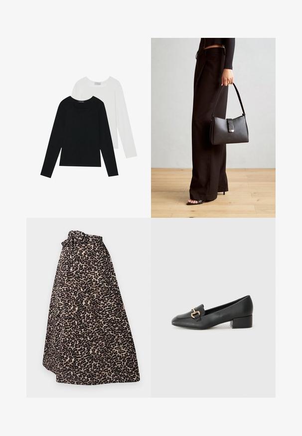 Dva dugo rukava, jedan crni i jedan bijeli, oba s kvadratnim izrezom i izrađeni od mekane, rastezljive tkanine.; Maxi suknja s leopard uzorkom u smeđoj i crnoj boji, izrađena od mekog materijala, s vezanim pojasom i nabranim dizajnom za lepršavi kroj.; Crne kožne mokasine s ravnim potplatom, s dekorativnim zlatnim detaljem sprijeda i glatkom teksturom.; Crna torba s oblikom koji sadrži strukturu, glađu teksturu i metalnu kopču. Uparena s širokim crnim hlačama i sandalama na otvorenom s drvenog poda.