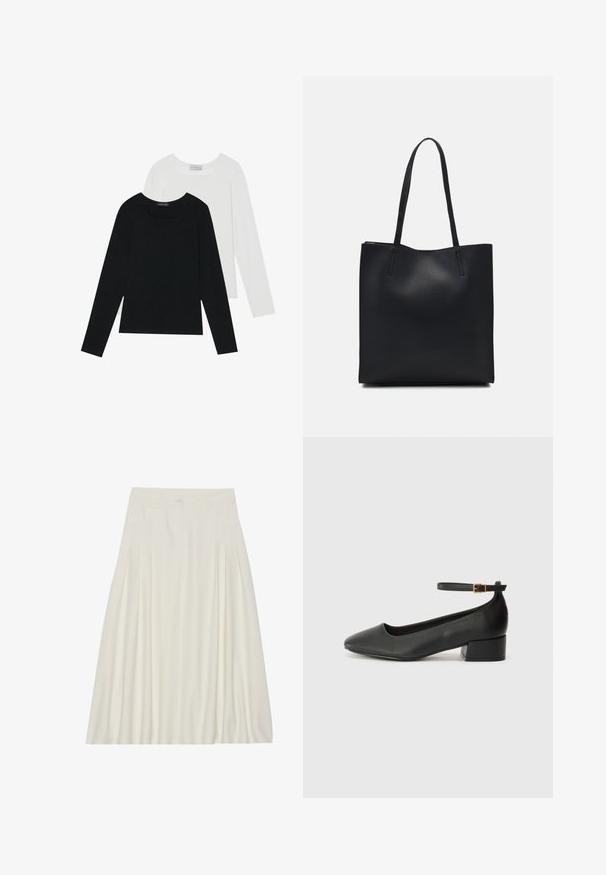 Dva dolga rokava, en črn in en bel, oba z kvadratnim izrezom in narejena iz mehkega, raztegljivega materiala.; Bela krila do kolen, izdelana iz lahkega materiala, ki vključujejo naborke, pas z gumbom in stranske žepe.; Črne usnjene pumpice z nazobčanimi prsti in nizko blokasto peto. Imajo trak okoli gležnja z zaponko v zlatem tonu. Gladka tekstura.; Črna usnjena torba s svilnato teksturo, pravokotne oblike in dvema dolgima ročajema. Brez vidnih metalnih delov ali okrasnih elementov.