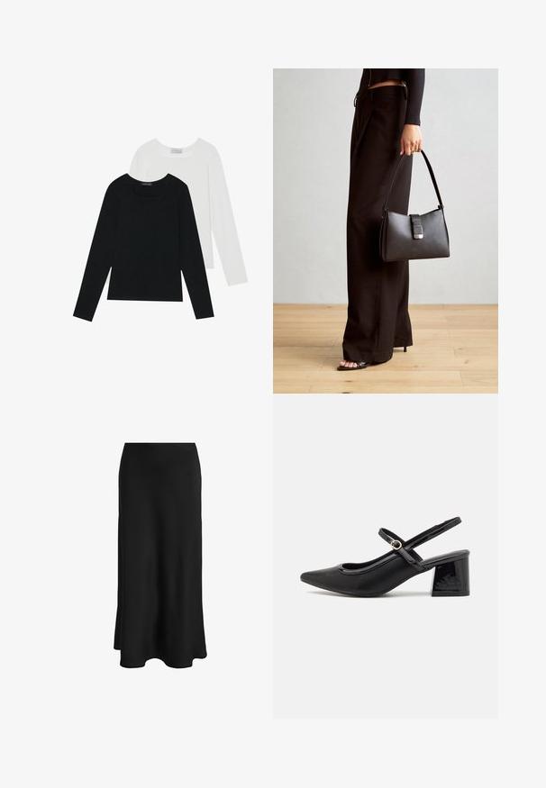 Kaks pikka varrukatoppi, üks must ja teine valge, mõlemad ruudukujulise kaelusega ja valmistatud pehmest, venivast kangast.; Mustmust must, millel on sujuv kangas; sellel on fikseeritud talje ja laienev äär, luues sihvakat, sirget siluetti ilma nähtavate kinnitusteta.; Mustad läikivad nahast slingback-kõrged kontsad, millel on terav nina, ümar lõikekujundus ja blokknina. Omab kuldset nupu aktsenti.; Must musta kott, millel on struktureeritud kuju, sile tekstuur ja metallist klamber. Kombineeritud laiate mustade pükstega ja avatud varvaste sandaalidega puidust põrandal.