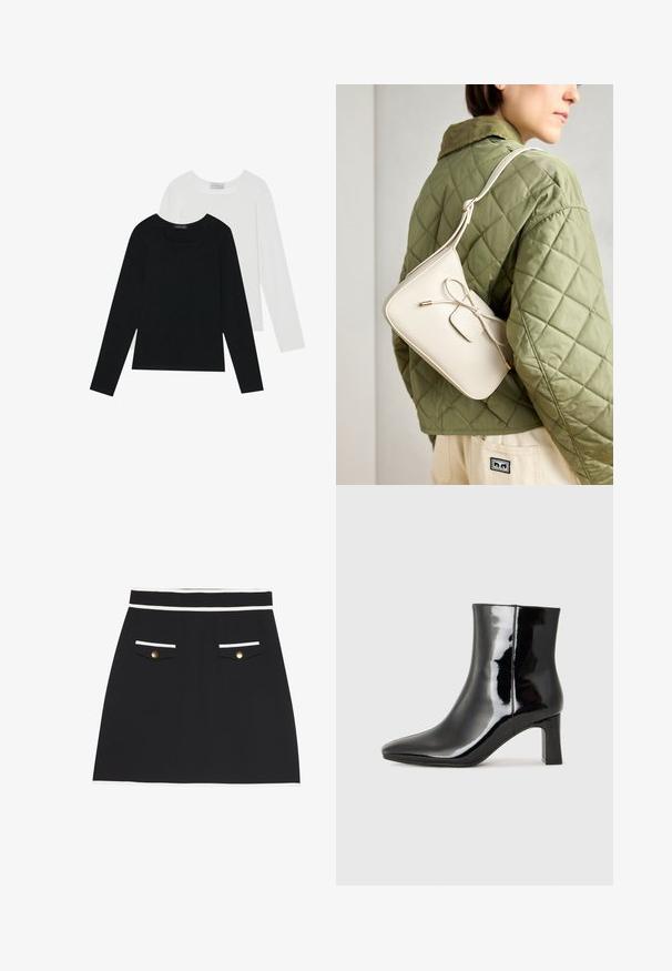 Két hosszú ujjú felső, az egyik fekete, a másik fehér, mindkettő négyzet alakú nyakkivágással rendelkezik, és puha, rugalmas anyagból készült.; Fekete szoknya fehér díszítéssel a derékrészen és zsebekkel. Két elülső zseb arany gombokkal. Simább szövettextúra.; Fekete lakk bőrcipő bokáig érő, hegyes orral és közepes magasságú tömbsarokkal. Simább textúrával és minimalista dizájnnal rendelkezik.; Beige színű bőr keresztpántos táska masni részlettel, arany színű fém kiegészítőkkel és egy állítható pánttal, zöld steppelt dzsekin viselve.