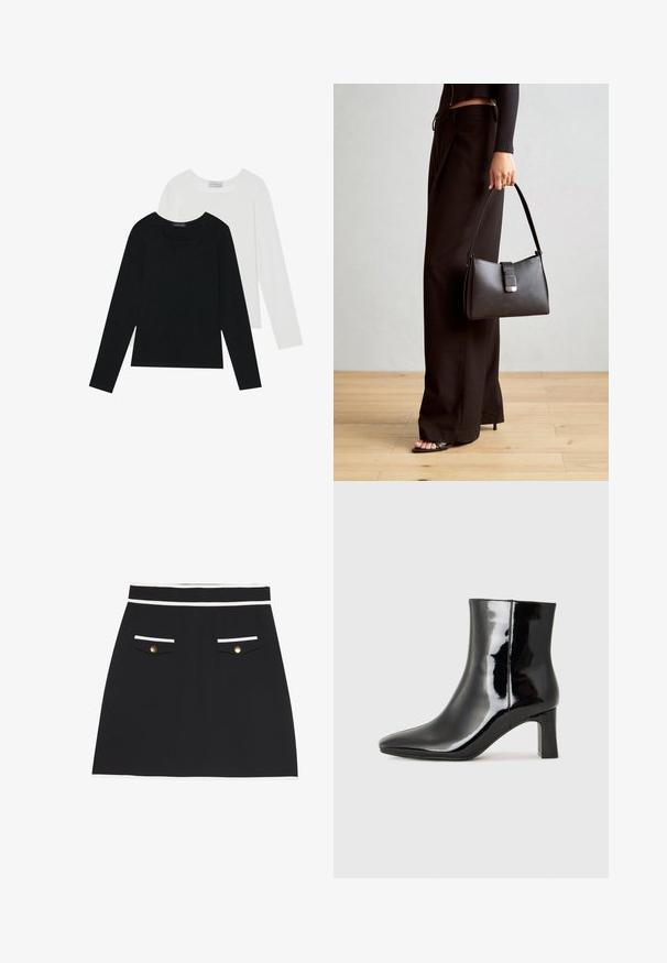 Două bluze cu mânecă lungă, una neagră și una albă, ambele având un guler pătrat și fiind confecționate dintr-un material moale și elastic.; Fustă neagră cu o margine albă la talie și buzunare. Dispune de două buzunare frontale cu butoane aurii. Textură de țesătură netedă.; Botine negre din piele lacuită, cu vârful ascuțit și toc bloc de înălțime medie. Textură netedă și design minimalist.; Genți negre cu o formă structurată, textură netedă și un închizător metalic. Asortată cu pantaloni negri largi și sandale cu vârf deschis pe un podea din lemn.