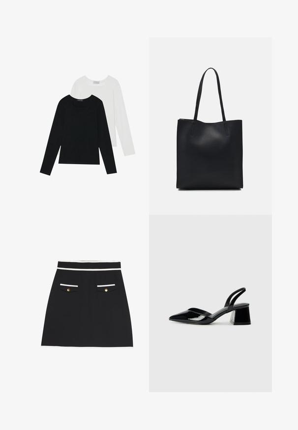 Dva dolga rokava, en črn in en bel, oba z kvadratnim izrezom in narejena iz mehkega, raztegljivega materiala.; Črna krila z belim robom na pasu in žepih. Ima dva sprednja žepa z zlatimi gumbi. Gladko teksturo tkanine.; Črne lakirane slingback pete s koničastim nosom in geometrijsko blokasto peto. Imajo eleganten, minimalističen dizajn in gladko teksturo.; Črna usnjena torba s svilnato teksturo, pravokotne oblike in dvema dolgima ročajema. Brez vidnih metalnih delov ali okrasnih elementov.