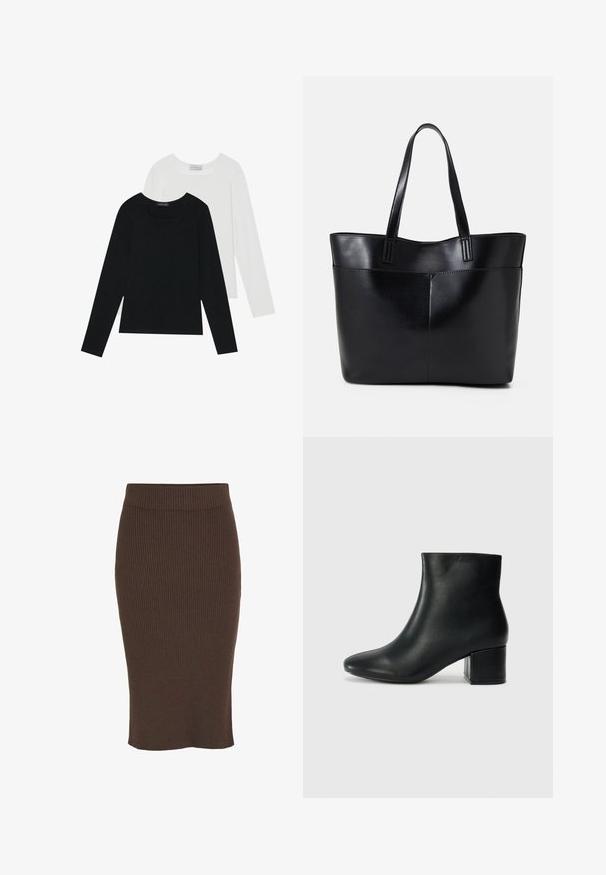 To lange ermer t-skjorter, en svart og en hvit, begge med firkantet utringning og laget av mykt, elastisk stoff.; VILA VIRIL NOOS - Blyantskjørt - coffee bean; Sorte skinn ankelsko med spiss tå og chunky hæl. Glatt tekstur med minimale detaljer og et elegant, tettsittende design.; Svart lær toteveske med to lange håndtak, en glatt tekstur og en strukturert form. Har en frontlomme for ekstra oppbevaring.