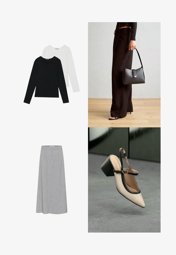 Divi ilgiem piedurknēm tops, viens melns un otrs balts, abiem ir kvadrāta izgriezums un tie ir izgatavoti no mīksta, elastīga auduma.; Pelēks, līdz ceļiem garš svārku ar gludu tekstūru un smalku heather rakstu. Iezīmēts ar plakanu priekšu ar krokām un pielāgotu jostasvietu.; Beige smailā purngalā siksnu kurpe ar melnu akcentu, zelta sprādzi un masīvu bloku papēdi uz pelēka grīdas ar tumši zaļu fonu.; Melnā somiņa ar strukturētu formu, gludu tekstūru un metālu sprādzi. Saskaņota ar platām melnām biksēm un sandālēm ar atvērtu purngalu uz koka grīdas.; Sudraba riņķa auskari ar elegantu, apaļu dizainu, kas izceļas ar gludu virsmu un bez redzamām rotājumām. Diametrs netiek norādīts.