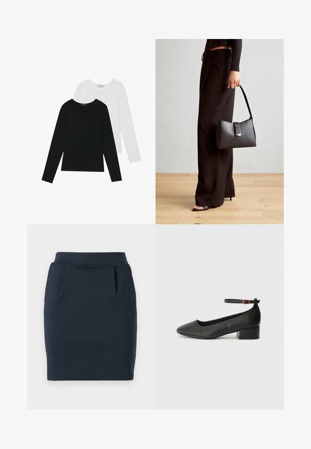 Deux tops à manches longues, un noir et un blanc, tous deux avec un décolleté carré et fabriqués en tissu doux et extensible.; Jupe en jersey extensible bleu marine avec une silhouette ajustée, dotée d'une taille lisse et de deux poches avant.; Escarpin en cuir noir avec un bout pointu et un petit talon bloc. Doté d'une bride de cheville avec une boucle dorée. Texture lisse.; Sac à main noir à la forme structurée, texture lisse et fermoir métallique. Associé à un pantalon noir ample et des sandales ouvertes sur un sol en bois.