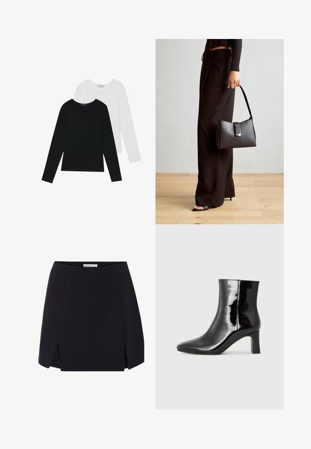 To lange skjorter med lange ærmer, en sort og en hvid, begge med firkantet halsudskæring og lavet af blødt, strækbart stof.; Sort a-linjeet skørter med en glat tekstur, der har sidelæg og et rent, minimalistisk design. Etiketten er synlig ved taljen.; Sort lakeret ankelstøvle med spids tå og en midt-højde blokhæl. Glat tekstur og minimalistisk design.; Sort håndtaske med struktureret form, glat overflade og metalspænde. Sammen med brede sorte bukser og sandaler med åben tå på trægulv.