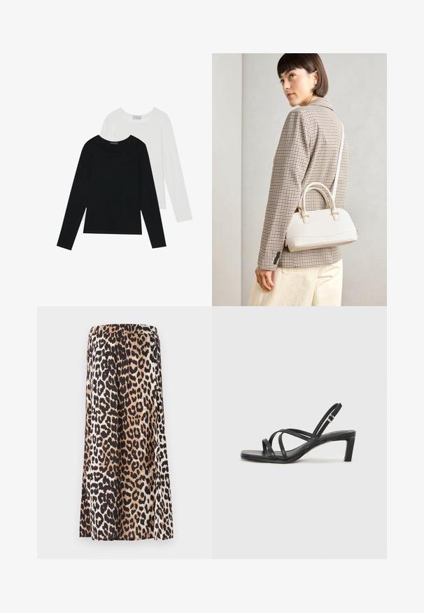 Kaksi pitkähihainen paitaa, yksi musta ja yksi valkoinen, molemmat neliönmallisella kaula-aukolla ja pehmeästä, joustavasta kankaasta valmistettu.; Vero Moda Maternity VMMJOSIE SKIRT - A-linjainen hame - egret; Mustat hihnalligat, joissa on neliön muotoinen kärki ja matala lohkokorko. Ominaisuuksiin kuuluu useita ohuita hihnoja ja säädettävä nilkkahihna. Valmistettu sileästä nahasta.; Valkoinen rakenteellinen käsilaukku, jossa on lyhyet kahvat ja olkahihna, varustettu kultaisilla metalliosilla ja tekstuurilla, esillä harmaata taustaa vasten.