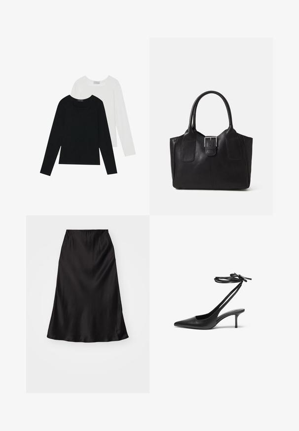 Two long-sleeve tops, one black and one white, both featuring a square neckline and made from soft, stretchy fabric.; Black satin slip skirt with a smooth texture, flared shape, and an elastic waistband. Minimalist design, no additional patterns or accents.; Black leather stiletto shoe with a pointed toe, open back, and ankle straps tied in a bow. Slim 3-inch heel. Smooth texture, minimalist design.; Black leather tote bag with smooth texture, structured shape, two handles, and a prominent silver buckle detail on the front.