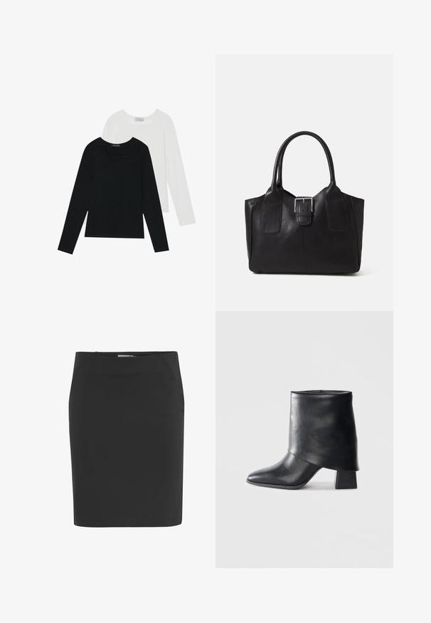 Divi ilgiem piedurknēm tops, viens melns un otrs balts, abiem ir kvadrāta izgriezums un tie ir izgatavoti no mīksta, elastīga auduma.; Melnā zīmuļa svārki, izgatavoti no gludas auduma, ar pieguļošu siluetu, vidukļa joslu un līdz ceļiem garu griezumu. Nav redzamu rakstu vai akcentu.; Melnas ādas potītes zābaki ar norādītu purngalu, gludu tekstūru un strukturētu blokveida papēdi. Iezīmē augstu, salocītu apkakles dizainu.; Melnas ādas somiņa ar gludu tekstūru, strukturētu formu, divām rokturām un izteiktu sudraba sprādzi priekšpusē.