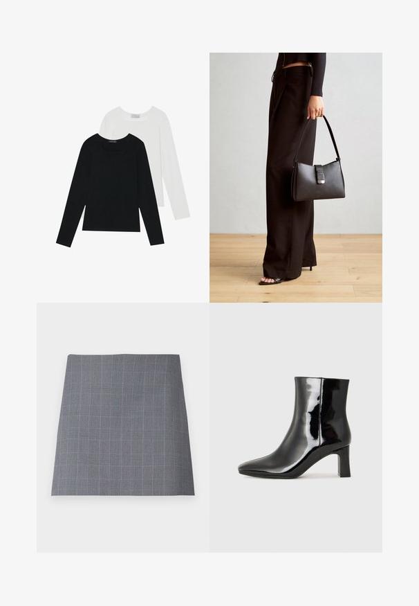 Dva dugo rukava, jedan crni i jedan bijeli, oba s kvadratnim izrezom i izrađeni od mekane, rastezljive tkanine.; Siva karirana suknja s strukturiranim oblikom, koja sadrži tanke crne i plave linije u uzorku mreže, izrađena od glatkog materijala.; Crne lakirane kožne gležnjače s šiljastim prstom i srednje visokom blok petom. Glatka tekstura i minimalistički dizajn.; Crna torba s oblikom koji sadrži strukturu, glađu teksturu i metalnu kopču. Uparena s širokim crnim hlačama i sandalama na otvorenom s drvenog poda.