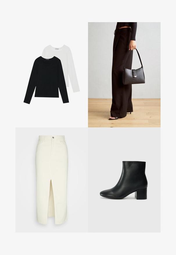 Deux tops à manches longues, un noir et un blanc, tous deux avec un décolleté carré et fabriqués en tissu doux et extensible.; Jupe midi en denim blanc avec une fente avant, design à cinq poches et fermeture à bouton en métal. Texture lisse, taille haute, silhouette droite.; Bottines en cuir noir avec un bout pointu et un talon épais. Texture lisse avec des accents minimalistes et un design élégant et ajusté.; Sac à main noir à la forme structurée, texture lisse et fermoir métallique. Associé à un pantalon noir ample et des sandales ouvertes sur un sol en bois.