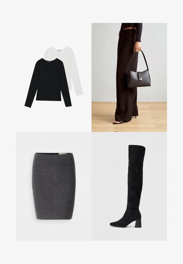 Twee shirts met lange mouwen, één zwart en één wit, beide met een vierkante halslijn en gemaakt van zacht, rekbaar materiaal.; Grijze wollen kokerrok met een soepele textuur en een aansluitend ontwerp, met een discrete tailleband en geen zichtbare versieringen.; Zwarte suède kniehoge laars met blokhak, spitse neus en een glad, naadloos ontwerp op een effen lichte achtergrond.; Zwarte handtas met gestructureerde vorm, gladde textuur en een metalen sluiting. Gecombineerd met brede zwarte broeken en sandalen met open teen op een houten vloer.