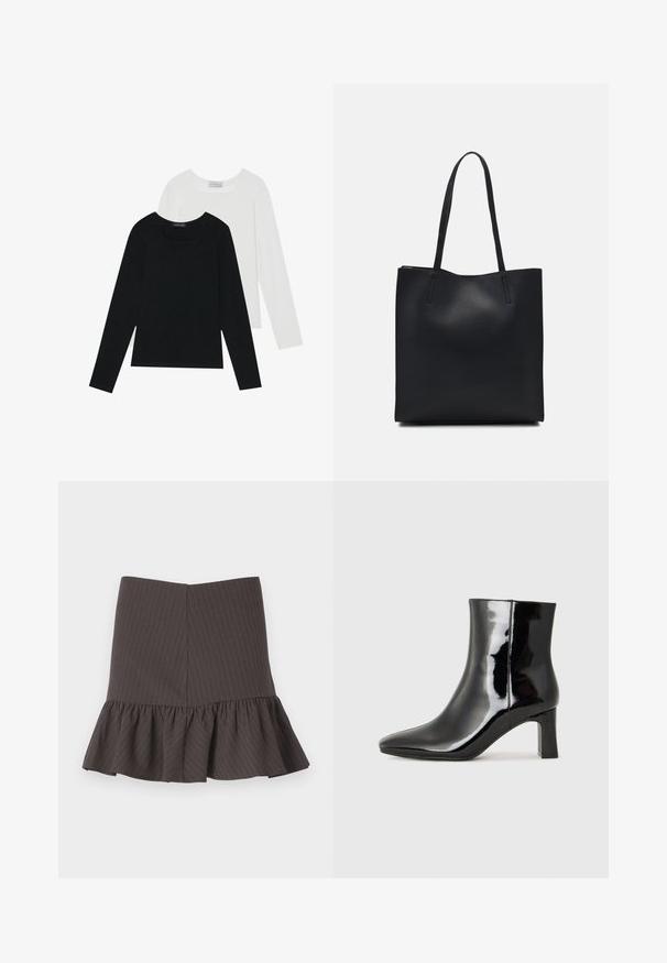 Két hosszú ujjú felső, az egyik fekete, a másik fehér, mindkettő négyzet alakú nyakkivágással rendelkezik, és puha, rugalmas anyagból készült.; Sötét szürke, bővülő szoknya fodros szegéllyel, finom függőleges csíkozással és fitted derékkal. Texturált anyagból készült.; Fekete lakk bőrcipő bokáig érő, hegyes orral és közepes magasságú tömbsarokkal. Simább textúrával és minimalista dizájnnal rendelkezik.; Fekete bőrtáska sima felszínnel, téglalap alakú, két hosszú füllel. Nincs látható fémkiegészítő vagy díszítés.
