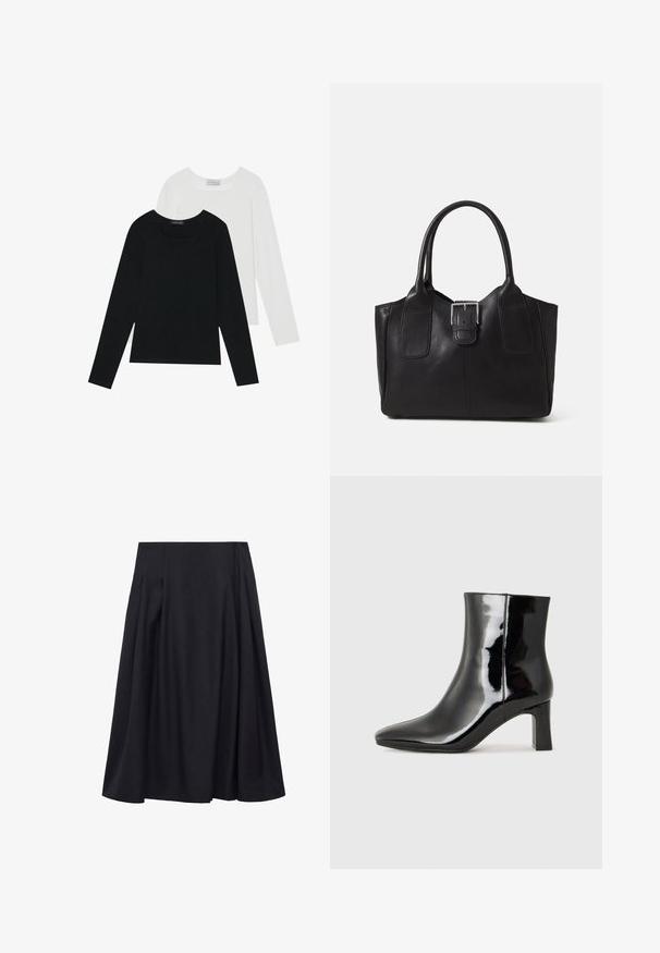 Zwei Langarmoberteile, eines schwarz und eines weiß, beide mit einem quadratischen Ausschnitt und aus weichem, dehnbarem Stoff.; Mango THAI - A-Linien-Rock - blue; Schwarzer Lackleder-Stiefelette mit spitzer Zehe und einem mittelhohen Blockabsatz. Glatte Textur und minimalistisches Design.; Schwarze Leder-Tote mit glatter Textur, strukturiertem Design, zwei Griffen und einem auffälligen silbernen Schnallen-Detail auf der Vorderseite.