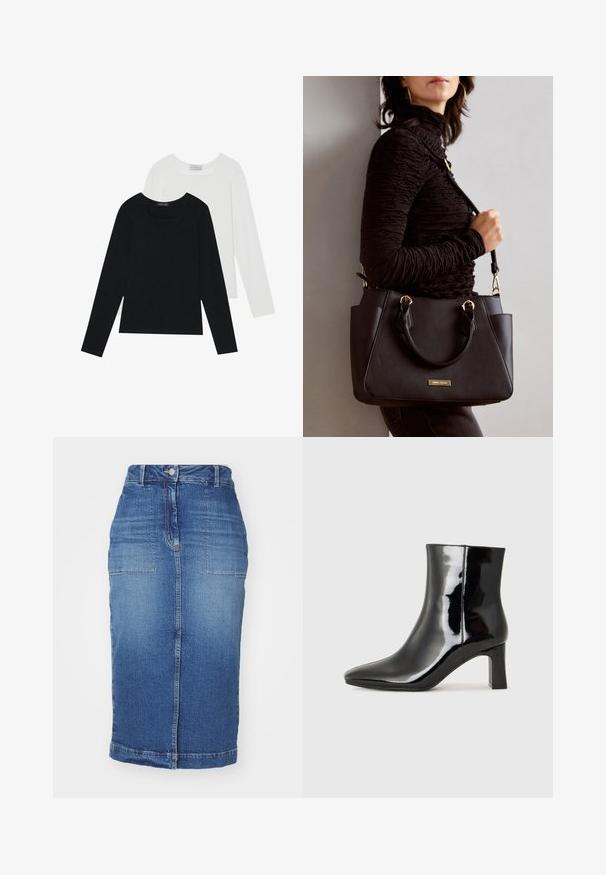 Két hosszú ujjú felső, az egyik fekete, a másik fehér, mindkettő négyzet alakú nyakkivágással rendelkezik, és puha, rugalmas anyagból készült.; GANT SLIT SKIRT - Ceruzaszoknya - mid blue; Fekete lakk bőrcipő bokáig érő, hegyes orral és közepes magasságú tömbsarokkal. Simább textúrával és minimalista dizájnnal rendelkezik.; Fekete kézitáska texturált felülettel, dupla felső fogantyúval és állítható vállpánttal. Arany színű fém kiegészítők és oldalsó zsebek találhatók rajta.