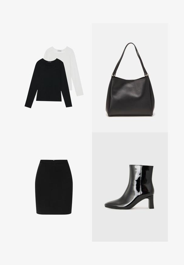 Dvě dlouhé rukávy, jedna černá a jedna bílá, obě s čtvercovým výstřihem a vyrobené z měkké a elastické látky.; Černá tužková sukně s přiléhavým střihem, texturovaným materiálem a jemným zadním zapínáním. Bezproblémový povrch bez viditelných vzorů nebo ozdob.; Černé lakované kotníkové boty s špičatou špičkou a středně vysokým blokovým podpatkem. Hladká textura a minimalistický design.; Černá dámská kabelka z umělé kůže s jemnou texturou, tvaru hobo a dvojitými ramenními popruhy; má lesklý povrch a minimalistický design.