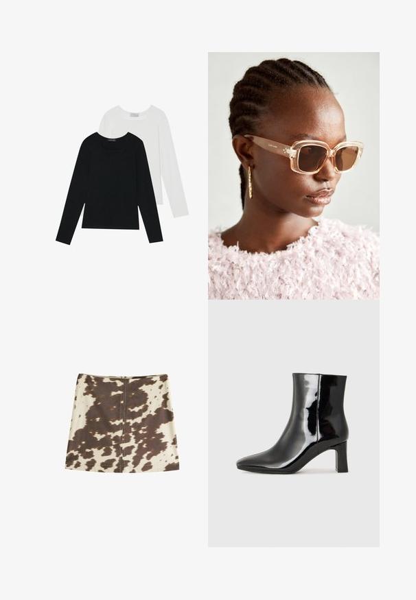 Zwei Langarmoberteile, eines schwarz und eines weiß, beide mit einem quadratischen Ausschnitt und aus weichem, dehnbarem Stoff.; Minirock mit Kuhmuster in Beige und Braun. Verfügt über einen verdeckten Reißverschluss hinten, glatte Stofftextur und einen geraden, A-linienförmigen Schnitt.; Schwarzer Lackleder-Stiefelette mit spitzer Zehe und einem mittelhohen Blockabsatz. Glatte Textur und minimalistisches Design.; Beige übergroße Sonnenbrille mit klarem Rahmen und braun getönten Gläsern, die subtile florale Akzente und ein mutiges, geometrisches Design aufweist.