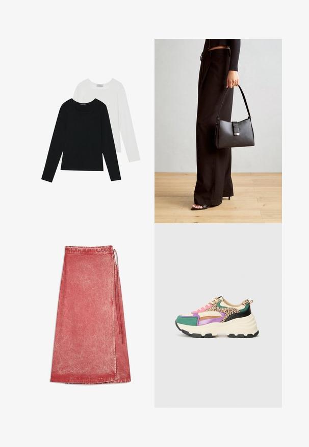 Zwei Langarmoberteile, eines schwarz und eines weiß, beide mit einem quadratischen Ausschnitt und aus weichem, dehnbarem Stoff.; Roter Denim-Wickelrock mit verwaschenem Effekt, knöchellang, mit seitlichem Knotenverschluss und gesticktem Saum.; Chunky Sneaker mit einer Mischung aus grünen, lila und Tierdruckakzenten; verfügt über ein beiges Mesh-Obermaterial, pinke Schnürsenkel und eine strukturierte schwarze Sohle.; Schwarze Handtasche mit strukturierter Form, glatter Textur und einem metallischen Verschluss. Kombiniert mit weiten schwarzen Hosen und offenen Sandalen auf einem Holzboden.