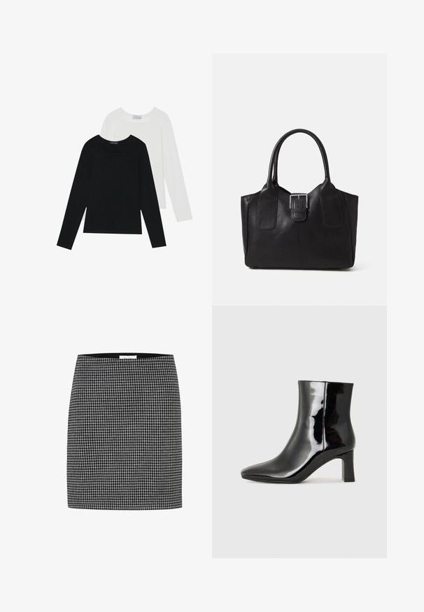 Két hosszú ujjú felső, az egyik fekete, a másik fehér, mindkettő négyzet alakú nyakkivágással rendelkezik, és puha, rugalmas anyagból készült.; Fekete-fehér kutyafogmintás szoknya, testhez álló fazonnal, sima textúrával és derékpánttal. Nincs látható fém vagy minta a kutyafogmintán kívül.; Fekete lakk bőrcipő bokáig érő, hegyes orral és közepes magasságú tömbsarokkal. Simább textúrával és minimalista dizájnnal rendelkezik.; Fekete bőr bevásárlótáska sima textúrával, strukturált formával, két fogantyúval és egy figyelemfelkeltő ezüst csattal az elején.