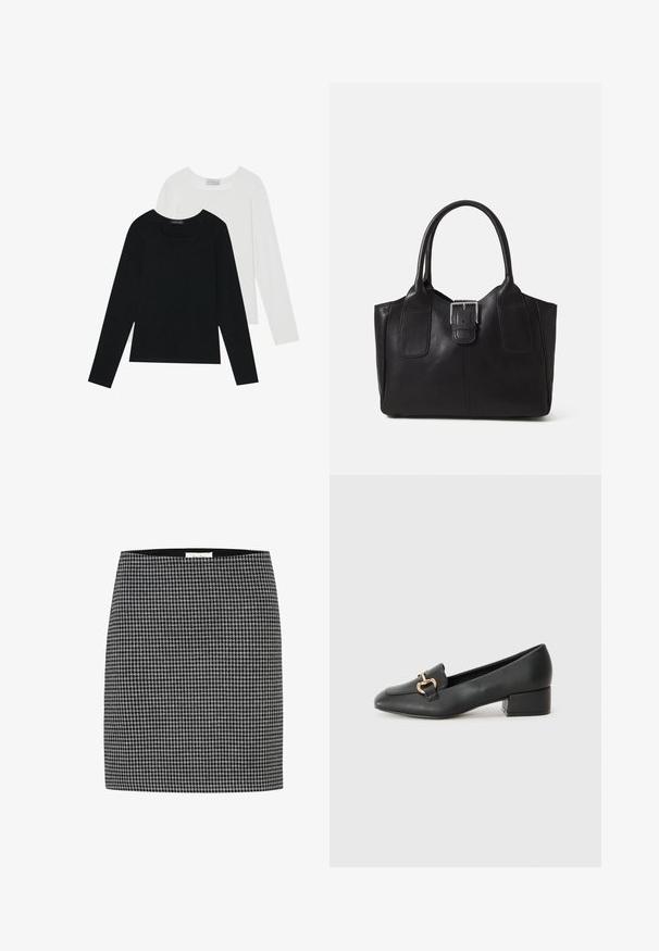 Två långärmade toppar, en svart och en vit, båda med fyrkantig halsringning och tillverkade av mjukt, stretchigt tyg.; Svartvit houndstooth kjol med en åtsittande silhuett, slät textur och midjeband. Ingen synlig hårdvara eller mönster utöver houndstooth-designen.; Svarta läderloafers med platt klack, med en dekorativ detalj i guld framtill och en mjuk textur.; Svart läder tote-väska med slät yta, strukturerad form, två handtag och en framträdande silverfärgad spänne på framsidan.