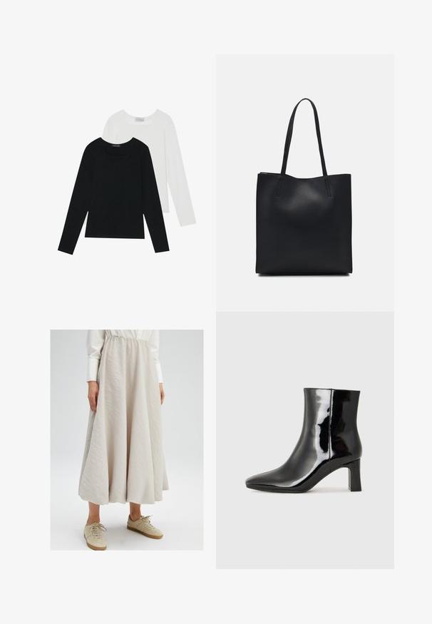 Kaksi pitkähihainen paitaa, yksi musta ja yksi valkoinen, molemmat neliönmallisella kaula-aukolla ja pehmeästä, joustavasta kankaasta valmistettu.; Vaaleanbeige, polvimittainen hame, joka on valmistettu teksturoidusta kankaasta ja jossa on joustava vyötärö, yhdistettynä ruskeisiin tennareihin rentoa ilmettä varten.; Musta patenttilakattu nilkkuri, jossa on terävä kärki ja keskipitkä lohkarekorko. Silkkinen pinta ja minimalistinen muotoilu.; Mustapahkainen kangaskassi, jossa on sileä pinta, suorakaiteen muotoinen ja kaksi pitkää kahvaa. Ei näkyvää metalliosaa tai koristeita.