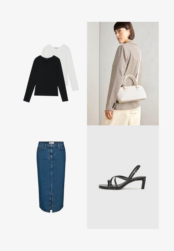 Kaksi pitkähihainen paitaa, yksi musta ja yksi valkoinen, molemmat neliönmallisella kaula-aukolla ja pehmeästä, joustavasta kankaasta valmistettu.; Tummansininen denim-mekko, jossa on edessä halkio, viisi taskua ja kontrastiväriset saumat. Keskikorkea vyötärö ja klassinen muotoilu.; Mustat hihnalligat, joissa on neliön muotoinen kärki ja matala lohkokorko. Ominaisuuksiin kuuluu useita ohuita hihnoja ja säädettävä nilkkahihna. Valmistettu sileästä nahasta.; Valkoinen rakenteellinen käsilaukku, jossa on lyhyet kahvat ja olkahihna, varustettu kultaisilla metalliosilla ja tekstuurilla, esillä harmaata taustaa vasten.