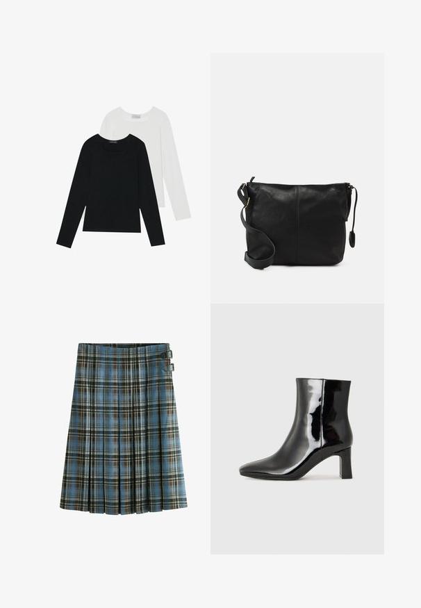 Zwei Langarmoberteile, eines schwarz und eines weiß, beide mit einem quadratischen Ausschnitt und aus weichem, dehnbarem Stoff.; Karierter Rock in Blau-, Braun- und Schwarztönen. Mit Falten und zwei schwarzen Schnallen als Akzent an der Taille. Aus gewobener Stoff gefertigt.; Schwarzer Lackleder-Stiefelette mit spitzer Zehe und einem mittelhohen Blockabsatz. Glatte Textur und minimalistisches Design.; Schwarze Leder-Umhängetasche mit flacher Form, goldenen Hardware-Details und einem verstellbaren Tragegurt. Glatte Textur mit minimalen Nähten.