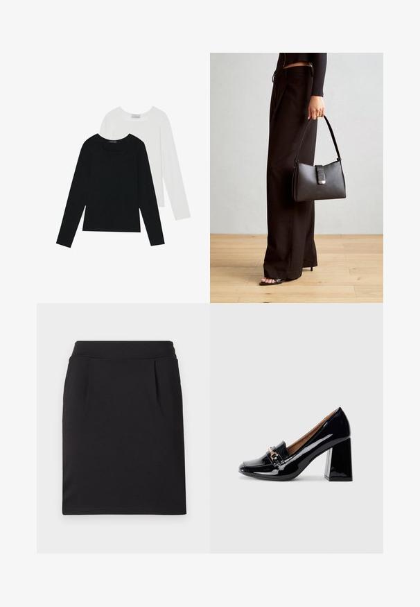 Zwei Langarmoberteile, eines schwarz und eines weiß, beide mit einem quadratischen Ausschnitt und aus weichem, dehnbarem Stoff.; Schwarzer knielanger Rock aus glattem Stoff, mit einer taillierten Taille und zwei dezenten Falten auf der Vorderseite für zusätzliche Details.; Schwarzer Lackleder-Pumps mit spitzer Zehenform und Blockabsatz. Verfügt über einen dekorativen Riemen und eine Schnallendetail auf dem Vorderblatt.; Schwarze Handtasche mit strukturierter Form, glatter Textur und einem metallischen Verschluss. Kombiniert mit weiten schwarzen Hosen und offenen Sandalen auf einem Holzboden.