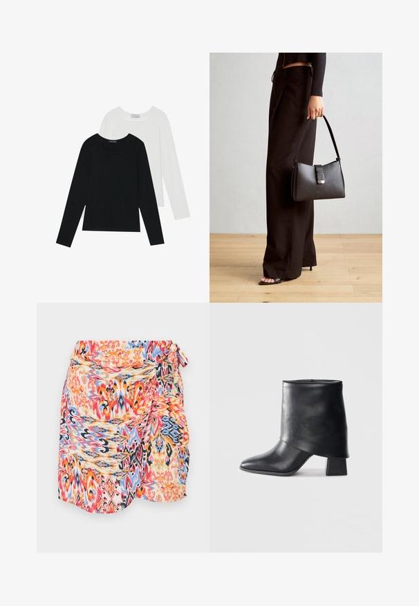 Deux tops à manches longues, un noir et un blanc, tous deux avec un décolleté carré et fabriqués en tissu doux et extensible.; Jupe enveloppante colorée et à motifs avec des dessins tourbillonnants en rouge, bleu, orange et jaune, dotée d'une attache latérale et d'un tissu doux et léger.; Bottine en cuir noir à bout pointu, texture lisse et talon bloc structuré. Elle se distingue par un design de revers haut et plié.; Sac à main noir à la forme structurée, texture lisse et fermoir métallique. Associé à un pantalon noir ample et des sandales ouvertes sur un sol en bois.